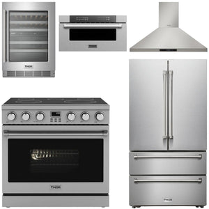 THOR Contemporary Package - 36" Electric Range, Range Hood, Refrigerator, Microwave and Wine Cooler, AP-ARE36-C116