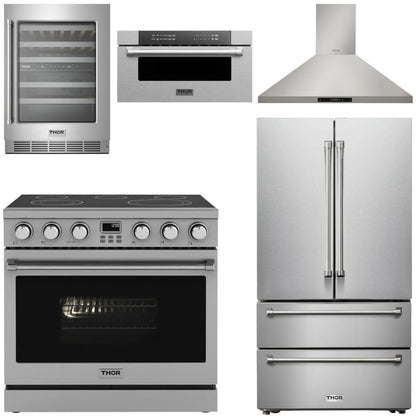 THOR Contemporary Package - 36" Electric Range, Range Hood, Refrigerator, Microwave and Wine Cooler, AP-ARE36-C116