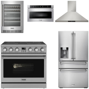 THOR Contemporary Package - 36" Electric Range, Range Hood, Refrigerator, Microwave and Wine Cooler, AP-ARE36-C117
