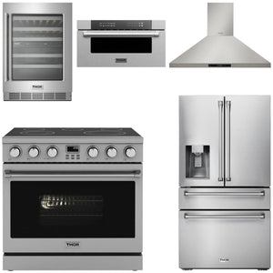 THOR Contemporary Package - 36" Electric Range, Range Hood, Refrigerator, Microwave and Wine Cooler, AP-ARE36-C118