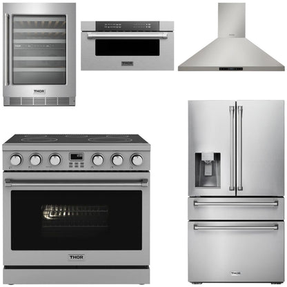 THOR Contemporary Package - 36" Electric Range, Range Hood, Refrigerator, Microwave and Wine Cooler, AP-ARE36-C118
