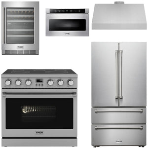 THOR Contemporary Package - 36" Electric Range, Range Hood, Refrigerator, Microwave and Wine Cooler, AP-ARE36-C119
