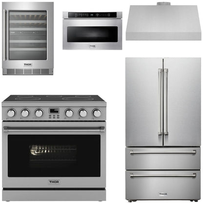 THOR Contemporary Package - 36" Electric Range, Range Hood, Refrigerator, Microwave and Wine Cooler, AP-ARE36-C119