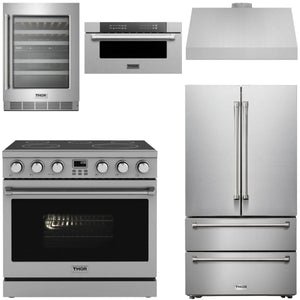 THOR Contemporary Package - 36" Electric Range, Range Hood, Refrigerator, Microwave and Wine Cooler, AP-ARE36-C120