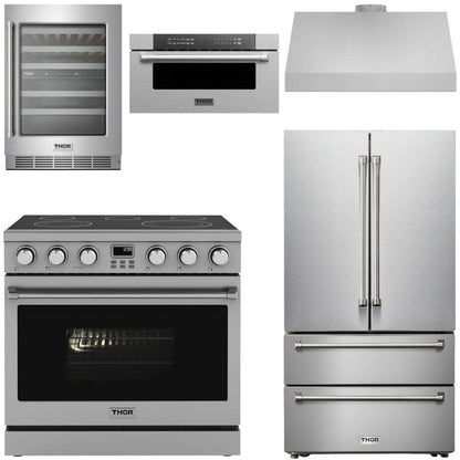 THOR Contemporary Package - 36" Electric Range, Range Hood, Refrigerator, Microwave and Wine Cooler, AP-ARE36-C120