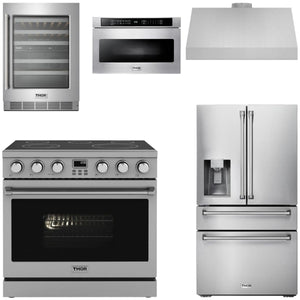 THOR Contemporary Package - 36" Electric Range, Range Hood, Refrigerator, Microwave and Wine Cooler, AP-ARE36-C121