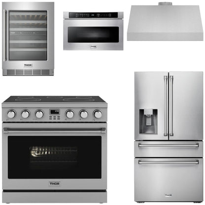 THOR Contemporary Package - 36" Electric Range, Range Hood, Refrigerator, Microwave and Wine Cooler, AP-ARE36-C121