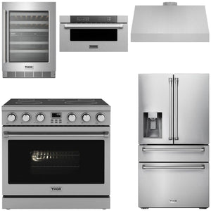 THOR Contemporary Package - 36" Electric Range, Range Hood, Refrigerator, Microwave and Wine Cooler, AP-ARE36-C122