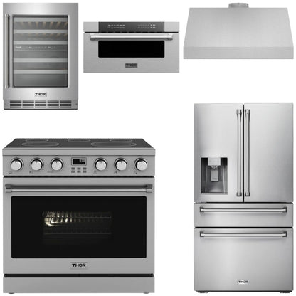 THOR Contemporary Package - 36" Electric Range, Range Hood, Refrigerator, Microwave and Wine Cooler, AP-ARE36-C122