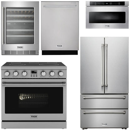 THOR Contemporary Package - 36" Electric Range, Refrigerator, Dishwasher, Microwave and Wine Cooler, AP-ARE36-C125
