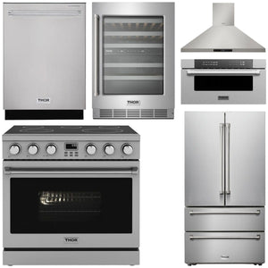 THOR Contemporary Package - 36" Electric Range, Range Hood, Refrigerator, Dishwasher, Microwave and Wine Cooler, AP-ARE36-C134