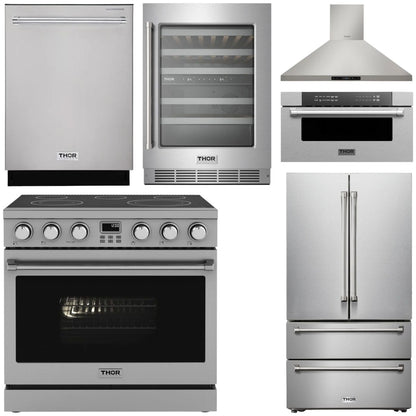 THOR Contemporary Package - 36" Electric Range, Range Hood, Refrigerator, Dishwasher, Microwave and Wine Cooler, AP-ARE36-C134