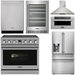 THOR Contemporary Package - 36" Electric Range, Range Hood, Refrigerator, Dishwasher, Microwave and Wine Cooler, AP-ARE36-C138