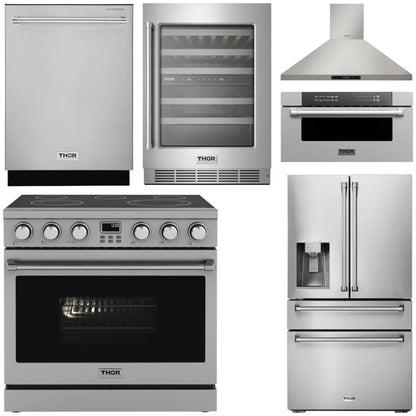 THOR Contemporary Package - 36" Electric Range, Range Hood, Refrigerator, Dishwasher, Microwave and Wine Cooler, AP-ARE36-C138