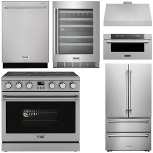 THOR Contemporary Package - 36" Electric Range, Range Hood, Refrigerator, Dishwasher, Microwave and Wine Cooler, AP-ARE36-C142
