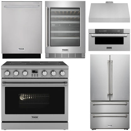 THOR Contemporary Package - 36" Electric Range, Range Hood, Refrigerator, Dishwasher, Microwave and Wine Cooler, AP-ARE36-C142