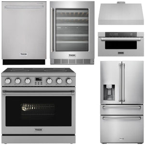 THOR Contemporary Package - 36" Electric Range, Range Hood, Refrigerator, Dishwasher, Microwave and Wine Cooler, AP-ARE36-C146