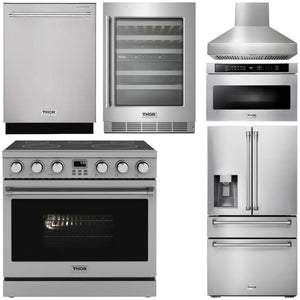 THOR Kitchen Package - 36" Electric Range, Range Hood, Microwave, Refrigerator with Water and Ice Dispenser, Dishwasher, Wine Cooler, AP-ARE36-W-10