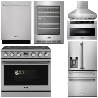 THOR Kitchen Package - 36" Electric Range, Range Hood, Microwave, Refrigerator with Water and Ice Dispenser, Dishwasher, Wine Cooler, AP-ARE36-W-10