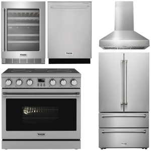 THOR Kitchen Package - 36" Electric Range, Range Hood, Refrigerator, Dishwasher, Wine Cooler, AP-ARE36-W-3