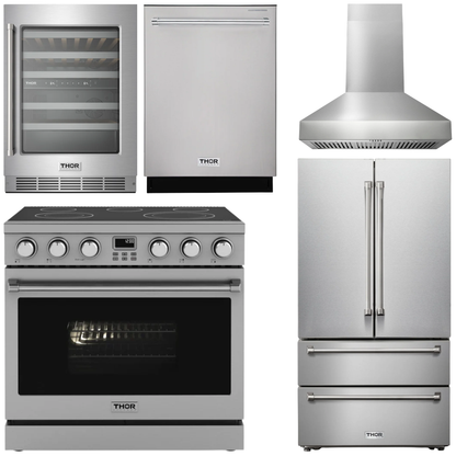THOR Kitchen Package - 36" Electric Range, Range Hood, Refrigerator, Dishwasher, Wine Cooler, AP-ARE36-W-3