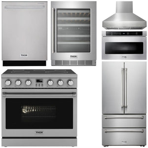THOR Kitchen Package - 36" Electric Range, Range Hood, Microwave, Refrigerator, Dishwasher, Wine Cooler, AP-ARE36-W-6