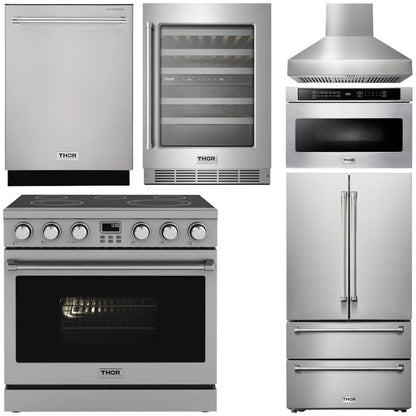 THOR Kitchen Package - 36" Electric Range, Range Hood, Microwave, Refrigerator, Dishwasher, Wine Cooler, AP-ARE36-W-6