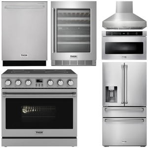 THOR Kitchen Package - 36" Electric Range, Range Hood, Refrigerator with Water and Ice Dispenser, Dishwasher, Wine Cooler, AP-ARE36-W-8