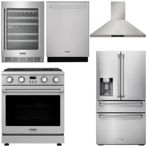 THOR Kitchen Package - 30" Gas Range, Range Hood, Refrigerator with Water and Ice Dispenser, Dishwasher, Wine Cooler, AP-ARG30-11