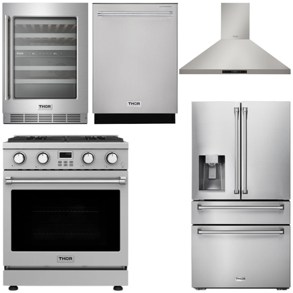 THOR Kitchen Package - 30" Gas Range, Range Hood, Refrigerator with Water and Ice Dispenser, Dishwasher, Wine Cooler, AP-ARG30-11