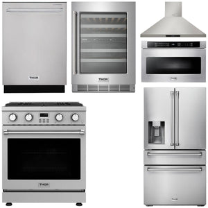 THOR Kitchen Package - 30" Gas Range, Range Hood, Microwave, Refrigerator with Water and Ice Dispenser, Dishwasher, Wine Cooler, AP-ARG30-14