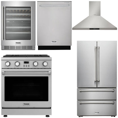 THOR Kitchen Package - 30" Gas Range, Range Hood, Refrigerator, Dishwasher, Wine Cooler, AP-ARG30-4
