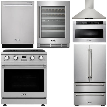 THOR Kitchen Package - 30" Gas Range, Range Hood, Microwave, Refrigerator, Dishwasher, Wine Cooler, AP-ARG30-8