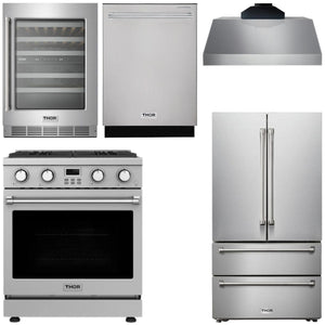 THOR Kitchen Package - 30" Gas Range, Range Hood, Refrigerator, Dishwasher, Wine Cooler, AP-ARG30-C-3