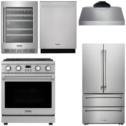 THOR Kitchen Package - 30" Gas Range, Range Hood, Refrigerator, Dishwasher, Wine Cooler, AP-ARG30-C-3