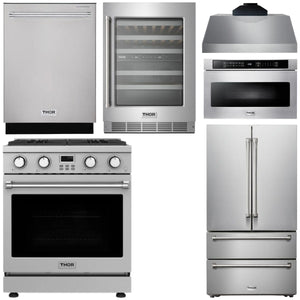 THOR Kitchen Package - 30" Gas Range, Range Hood, Microwave, Refrigerator, Dishwasher, Wine Cooler, AP-ARG30-C-6