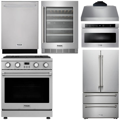 THOR Kitchen Package - 30" Gas Range, Range Hood, Microwave, Refrigerator, Dishwasher, Wine Cooler, AP-ARG30-C-6