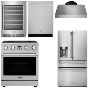 THOR Kitchen Package - 30" Gas Range, Range Hood, Refrigerator with Water and Ice Dispenser, Dishwasher, Wine Cooler, AP-ARG30-C-8