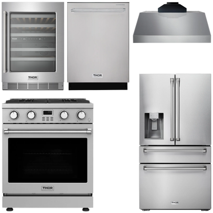 THOR Kitchen Package - 30" Gas Range, Range Hood, Refrigerator with Water and Ice Dispenser, Dishwasher, Wine Cooler, AP-ARG30-C-8