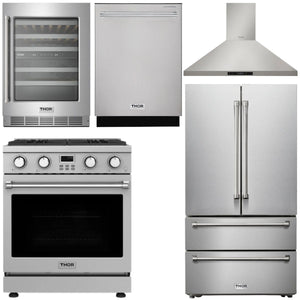 THOR Kitchen Package - 30" Gas Range, Range Hood, Refrigerator, Dishwasher, Wine Cooler, AP-ARG30-W-3