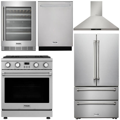 THOR Kitchen Package - 30" Gas Range, Range Hood, Refrigerator, Dishwasher, Wine Cooler, AP-ARG30-W-3