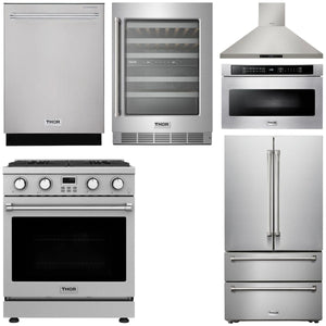 THOR Kitchen Package - 30" Gas Range, Range Hood, Microwave, Refrigerator, Dishwasher, Wine Cooler, AP-ARG30-W-6