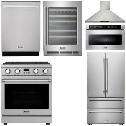 THOR Kitchen Package - 30" Gas Range, Range Hood, Microwave, Refrigerator, Dishwasher, Wine Cooler, AP-ARG30-W-6