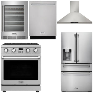 THOR Kitchen Package - 30" Gas Range, Range Hood, Refrigerator with Water and Ice Dispenser, Dishwasher, Wine Cooler, AP-ARG30-W-8