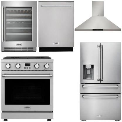 THOR Kitchen Package - 30" Gas Range, Range Hood, Refrigerator with Water and Ice Dispenser, Dishwasher, Wine Cooler, AP-ARG30-W-8