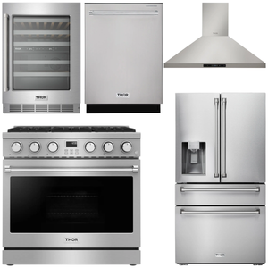 THOR Kitchen Package - 36" Gas Range, Range Hood, Refrigerator with Water and Ice Dispenser, Dishwasher, Wine Cooler, AP-ARG36-11