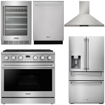 THOR Kitchen Package - 36" Gas Range, Range Hood, Refrigerator with Water and Ice Dispenser, Dishwasher, Wine Cooler, AP-ARG36-11