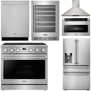 THOR Kitchen Package - 36" Gas Range, Range Hood, Microwave, Refrigerator with Water and Ice Dispenser, Dishwasher, Wine Cooler, AP-ARG36-14