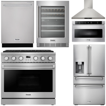 THOR Kitchen Package - 36" Gas Range, Range Hood, Microwave, Refrigerator with Water and Ice Dispenser, Dishwasher, Wine Cooler, AP-ARG36-14