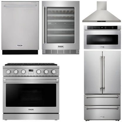 THOR Kitchen Package - 36" Gas Range, Range Hood, Microwave, Refrigerator, Dishwasher, Wine Cooler, AP-ARG36-8